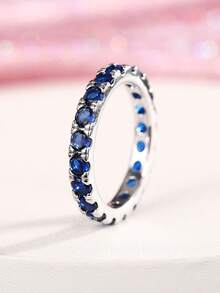 1 pieza Anillo de zirconia cúbica elegante para mujer para boda, compromiso, banda, joyería, regalo - Plateado - Ver 9