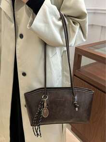 Bolsa de boliche de Pu cor café com zíper e estampa de losangos, grande capacidade, estilo sacola, com toque aveludado, modelo retrô, com detalhe de corda, ideal para uso diário feminino. Bolsa com laço na moda para mulheres. - Café - Ver 2