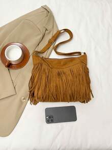新款纯色时尚个性流苏女士手提包，大容量单肩斜挎水桶包 - 棕色 - 查看 3