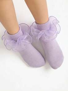 1 par de calcetines de princesa con volantes y fruncidos de color lavanda para niñas/niños, para uso en fiestas - Lila Púrpura - Ver 3