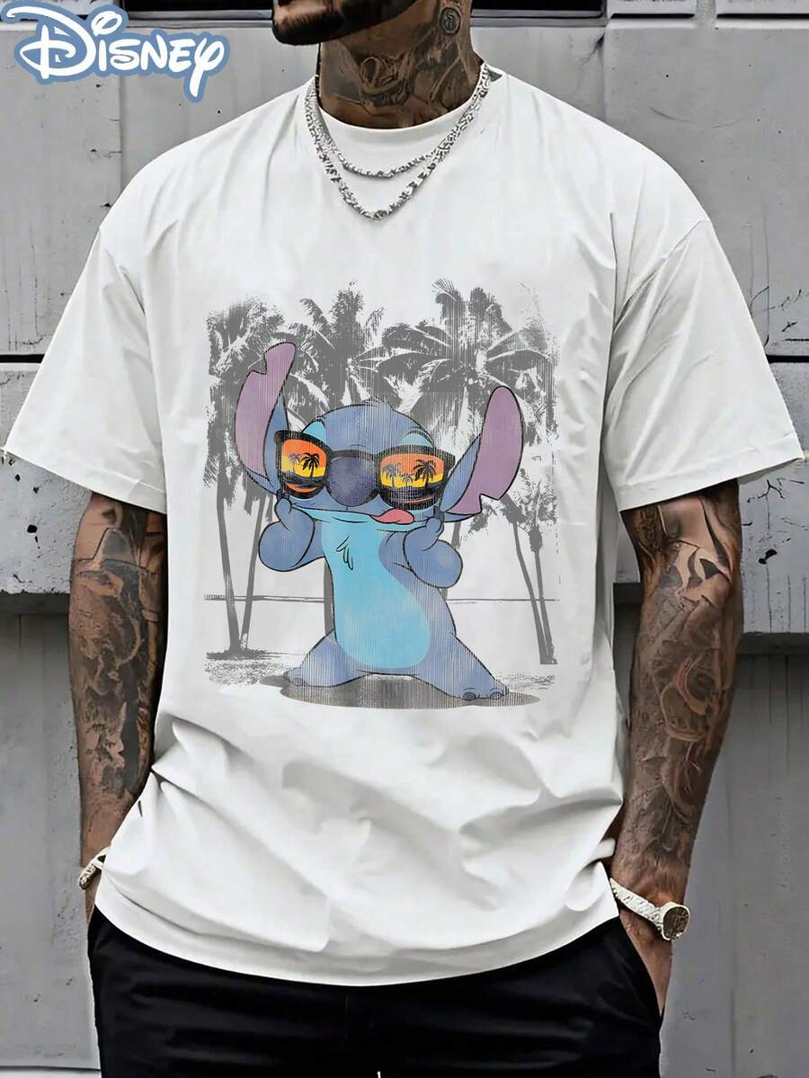 Disney Officially Licensed Graphic T Shirts 100 Percent Cotton Disney Shirt, Stitch Palm Tree Sunglasses T-Shirt, Unisex, 220g, Retro Vintage, Crew Neck, Casual Short Sleeve - 白色 - 查看 1
