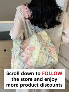 Large Capacity Star Patterned Tote Bag, Fashionable Fur Edge Casual Letter Color Blocked Shoulder Bag, Niche Design Diamond Shaped Personalized Armpit Bag, Suitable For Shopping, Daily Outings, Vacations, And Work - Multicolor - View 2