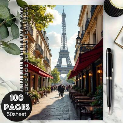 دفتر ملاحظات حلزوني مكون من 100 صفحة بغلاف منظر طبيعي رومانسي برج إيفل، متين وعملي، مناسب للعمل والدراسة والتخطيط اليومي، هدية مفكرة مميزة للتخرج والأعياد والمذكرات.