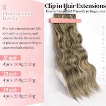 KooKaStyle Clip In Synthetic Highlight Hair Extensions Long Wavy 4PCS Thick Hairpieces Medium Brown Ash Blonde Fiber Double Weft Natural 24 Inch For Women - ColorFF - View 3