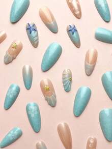 24Pcs/Set Almond-Shaped French Elegant 3D Ocean Style Starfish Waterdrop Flower Decor Full Coverage Press-On Nails With 1Pc Jelly Gel And 1Pc Nail File, Perfect For Romantic Daily Date Looks Nail Supplies Nails - 多色 4 - 查看 10