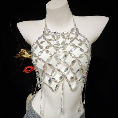 2026 New Sexy Lingerie Accessories, Handmade Spaghetti Strap Bralette, Fishnet Sequins Beaded Bodychains, Suitable For Party, Nightclub, Hotel, Carnival, Beach, Holiday