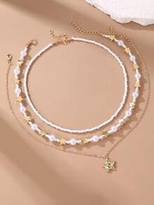 3pcs/Set Girls' Bohemian Star & Pearl Beaded Necklace Set - Multicolor - View 2