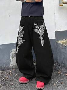 1 chiếc quần jeans ống loe dáng rộng in họa tiết Gothic cổ điển, quần jeans ống phồng phong cách đường phố cá tính, phù hợp mặc hàng ngày, ở nhà và du lịch, unisex. - màu đen - Xem 1