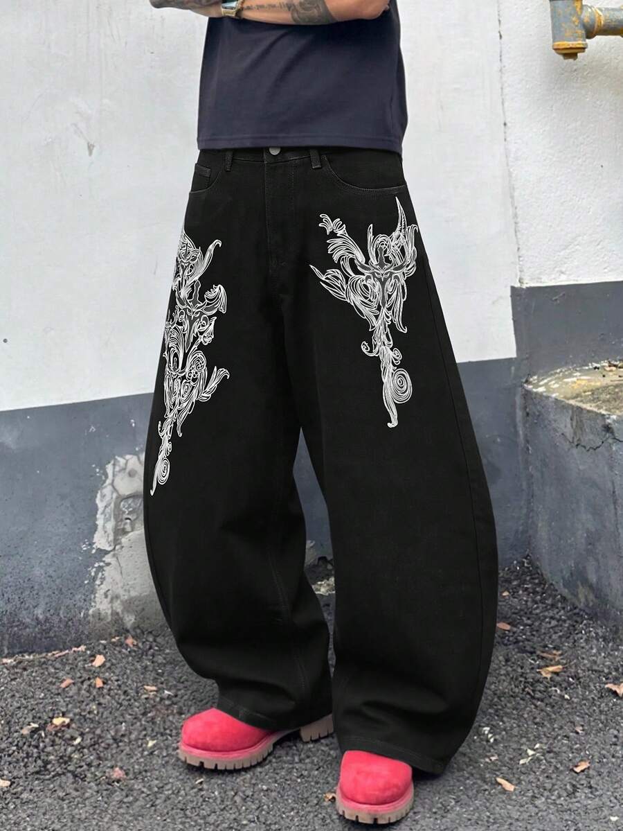 1 chiếc quần jeans ống loe dáng rộng in họa tiết Gothic cổ điển, quần jeans ống phồng phong cách đường phố cá tính, phù hợp mặc hàng ngày, ở nhà và du lịch, unisex. - màu đen - Xem 1