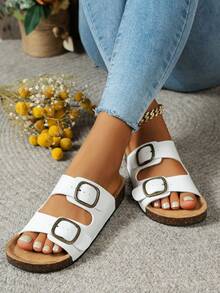 Women's Adjustable Double Buckle Flat Sandals, Versatile For Outdoor, Vacation, Commute And Home Wear - White - View 4