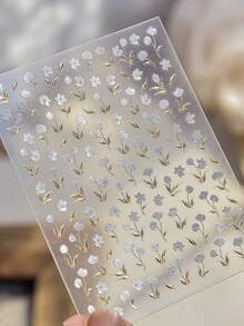 1pc 5D Embossed Self-Adhesive Nail Sticker, Gold Foil Leaf & Magnolia Flower Spring Nail Art Decals, Versatile Retro Small Flower Nail Sticker Supplies - Multicolor - View 5