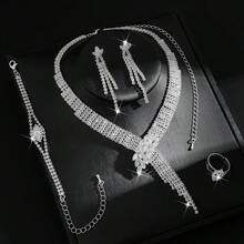 Set de joyería de 5 piezas con patrón geométrico: collar, aretes, pulsera, anillo - Plateado - Ver 5