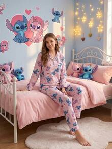 Disney 2pcs Stitch Printed Ruffle Collar Casual Long Sleeve Top And Pants Women Pajama Set - Pink - View 3