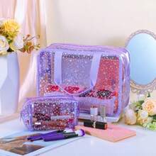 Aliceset - 2 bolsas grandes de maquillaje de estrellas transparentes de 12 x 5 x 8 pulgadas bonita bolsa de cosméticos con asa y bolsa de maquillaje mediana impermeable de PVC bolsa de - Púrpura - Ver 5