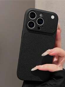 Fashionable Litchi Leather Texture Large Window Phone Case Compatible With IPhone 17 Pro Max, 17 Pro, 16 Pro Max, 15, 14 Pro, 13, 12 Pro, 17/17AIR/16PRO/16/16PLUS/15PRO MAX/15PLUS/14PRO MAX/14/14PLUS/13PRO MAX/13PRO/12PRO MAX/12/11/11PRO MAX/11PRO, With Camera Protection, Matte Soft Anti-Fall Protective Cover - Black - View 3