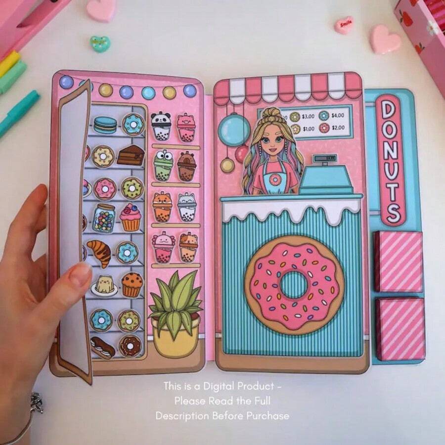 Donut Shop Pretend Play Set, Children's Role Play Toy, Paper Doll House, Handmade Non-Finished Book, Sticker, Children's Scrapbook Set, DIY Materials, Needs Handcrafting, Children's Stress Relief Toy, Sticker Painting