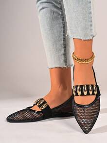 Damskie płaskie buty z metalową klamrą i ozdobnym paskiem, ze szpiczastym noskiem, luksusowy styl do dojazdów do pracy, odpowiednie na wiosnę i lato, do noszenia na co dzień, na randki, dojazdy do pracy, czarne, siateczkowe, oddychające, wygodne i uniwersalne buty typu Mary Jane - Czarne - Zobacz 3
