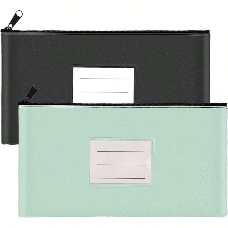 2 - Pack Bank Deposit Money Bags With Zipper, PU Leather Cash Pouches With Label, 11.2x 6.1 Inches, Coins, Cosmetics, Bills, Tools, Black Aqua Green - 2件裝:黑色和淺綠色 - 查看 1