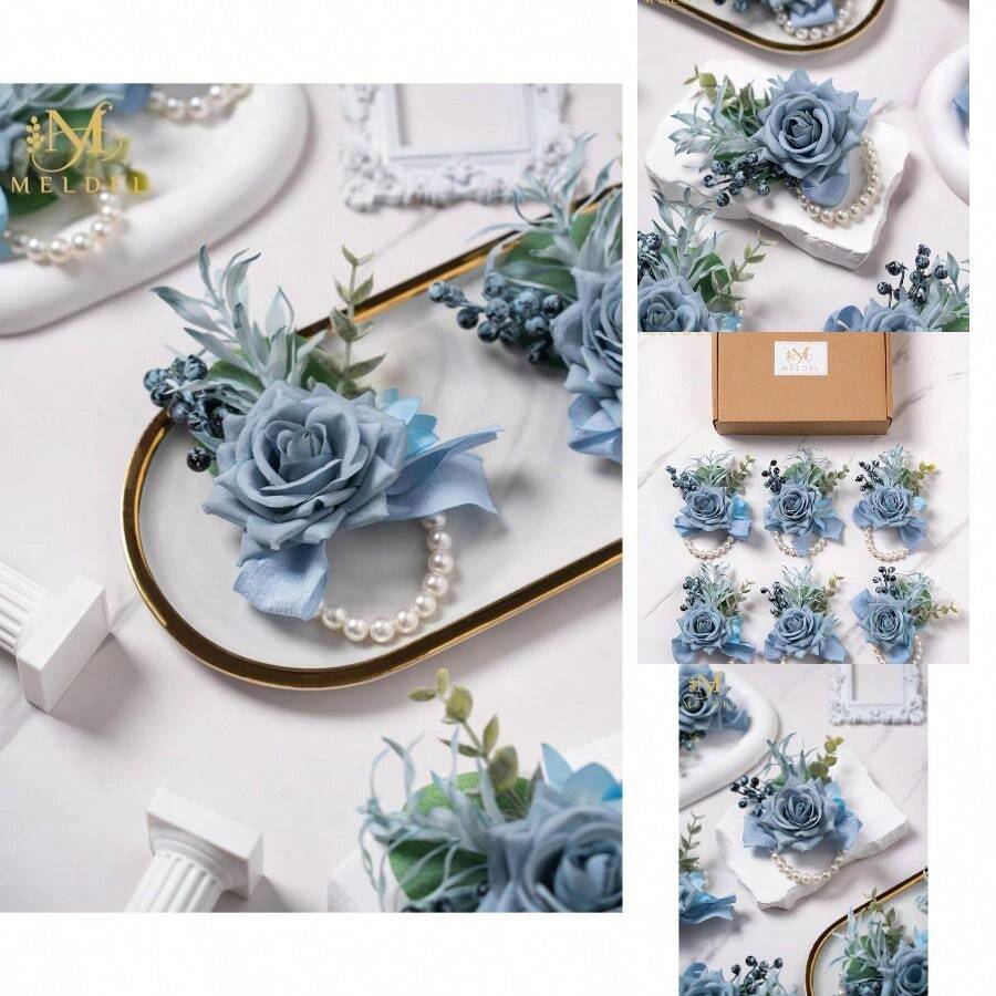 Meldel Dusty Blue Wrist Corsage Women, Set Of 6, Wedding Bridal Corsage Hand Flower Decor Prom Corsages Party Homecoming, Wristband Flowers Bride Bridesmaid Girl Mother Wristlet Dcor - 6 chiếc vòng hoa đeo cổ tay màu xanh dương - Xem 1