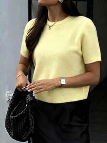 FOR BEAUTY 春夏条纹圆领短袖针织衫，女士新款休闲简约宽松套头衫，时尚优雅舒适家居服上衣 - 淺鵝黃 - 查看 4