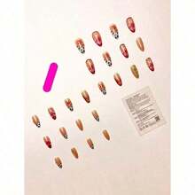 24pcs/Set French Almond-Shaped Ocean Style Elegant 3D Stereo Starfish, Red & Yellow Flower, Seashell, Golden Pearl Decorated Sweet Press-On Full Cover False Nails With 1pc Jelly Gel And 1pc Nail File, Adding A Romantic Touch For Daily Dates, Autumn/Winter - 彩色 - 查看 4