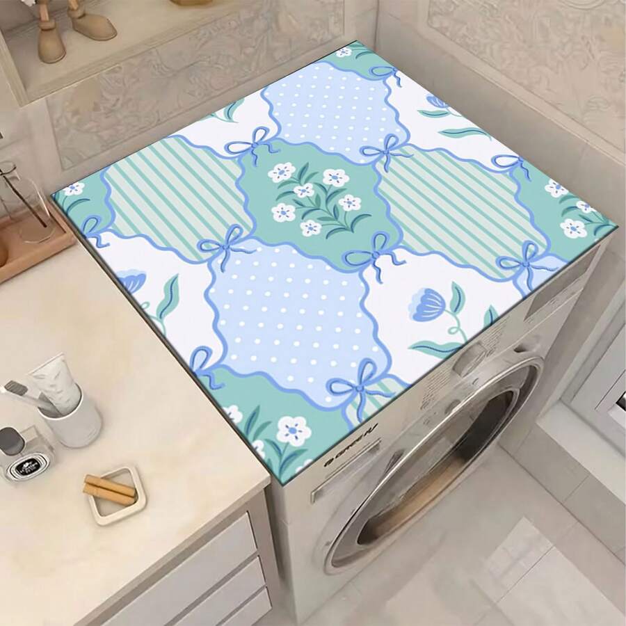 1pc Blue Bowknot Pattern Silicone Mat, Warm Family Atmosphere, Silica Gel, Anti-Slip, Suitable For Washing Machine Cover, Dryer Cover, Coffee Machine Mat, Kitchen Counter Mat, Multi-Purpose Household Mat - Blue and White Ribbon Letter Paper - View 1