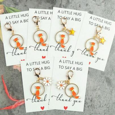 2件/6件套时尚狐狸星星钥匙扣套装，附赠口袋卡片，时尚动物主题吊坠，可爱包包/背包挂饰，送给动物爱好者和朋友的完美礼物，适合生日、婚礼、派对等场合