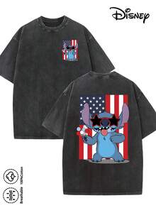 Disney-Licensed Men's Cotton T-Shirt For The 2026 Family Holiday. Featuring A Stitch Motif, Washed Crew Neck, Soft And Comfortable Feel, Easy Care And Suitable For Various Occasions Such As Holidays, Everyday Life And Commuting – Full Of Festive Spirit. - 黑色 - 查看 1