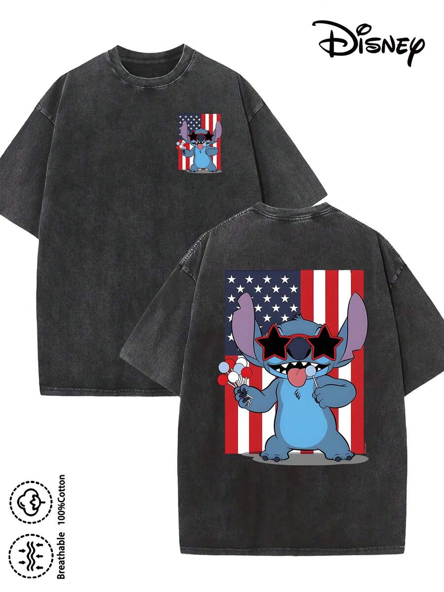 Disney-Licensed Men's Cotton T-Shirt For The 2026 Family Holiday. Featuring A Stitch Motif, Washed Crew Neck, Soft And Comfortable Feel, Easy Care And Suitable For Various Occasions Such As Holidays, Everyday Life And Commuting – Full Of Festive Spirit. - 黑色 - 查看 1
