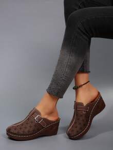 Vintage Hollow Out Mule Shoes, Adjustable Buckle Design, Thick Platform, Breathable, Soft Sole Non-Slip Slip-On Sandals - Coffee Brown - View 6