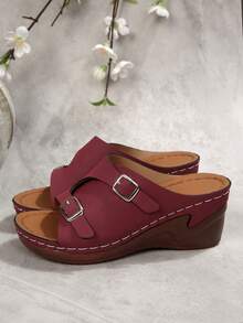New Double-Buckle Open Toe Wedge Sandals, Lightweight Wedge Heel Increase Height, Non-Slip Slip-On Slippers, Comfortable For Commuting And Shopping - Dark Red - View 2