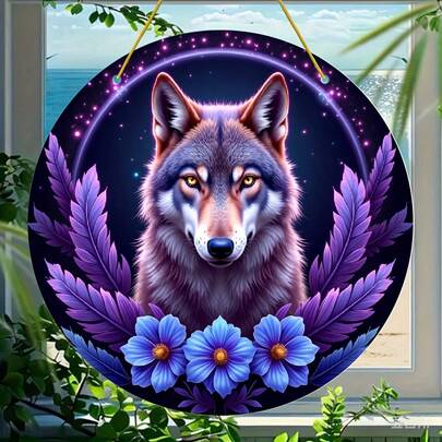 2D Flat - [2D Flat] 1pc 2D Flat Mystical Wolf Acrylic Sun Catcher| 8"X8" Celestial-Themed Wall Hanging Decor With Stars, Flowers, And Enchanting Design, Perfect For Home, Garden, Party Decoration, Ideal Gift For Mom, Family, Lover, Friends