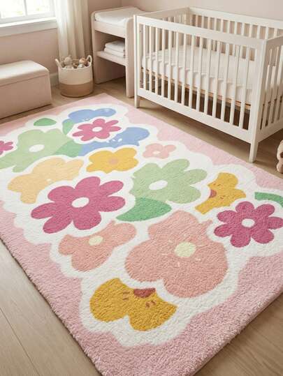 1件彩色花卉儿童房装饰地毯，柔软卧室装饰，玩具房小地毯，可选颜色：灰色、深灰色、粉色、黑色、焦糖色、象牙色，家居装饰，客厅地毯，卧室地毯，可水洗户外地毯