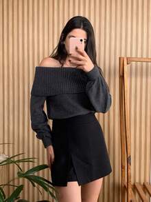 Knit Blouse With Off-The-Shoulder Yoke And Long Sleeves - Gris Oscuro - Ver 2