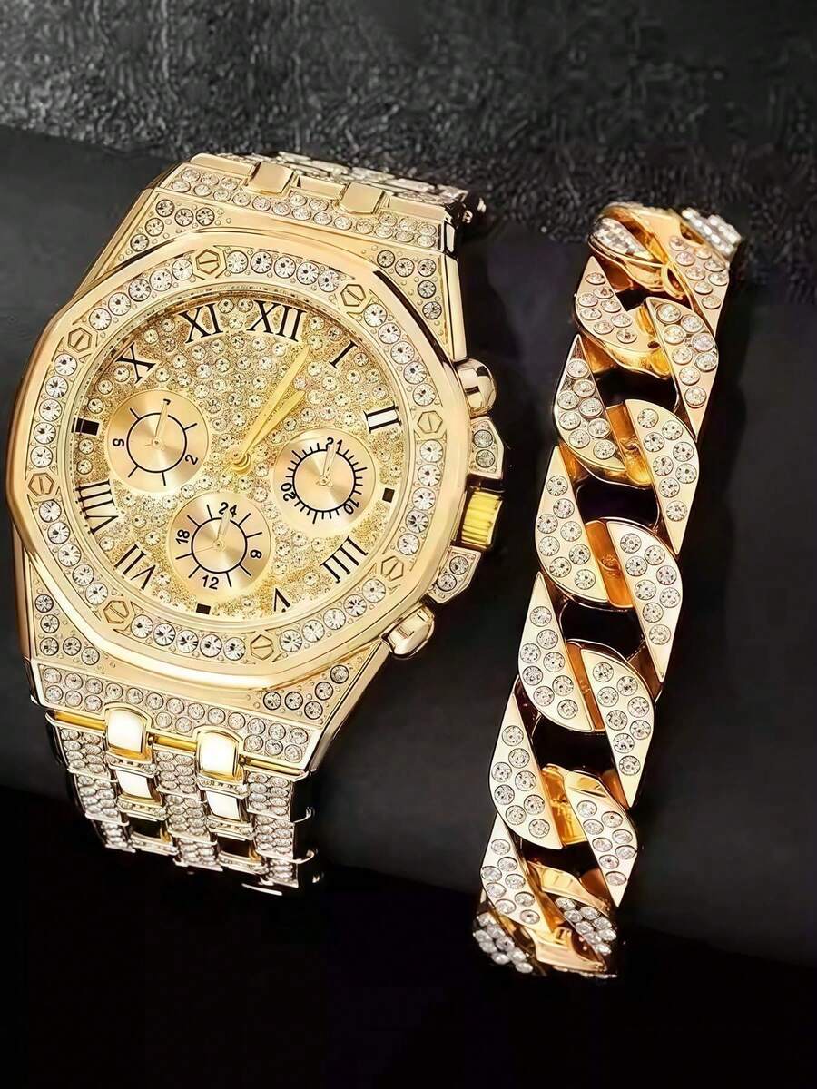 2pcs/Set Jam Tangan Mewah Pria, Tali Paduan Logam, Warna Emas, Jam Tangan Hip Hop Fashion Pria, Set Jam Tangan Quartz Bisnis dengan Dial Berlian - Emas - View 1