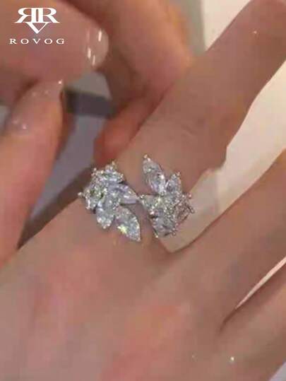 1pc Luxury Sparkling Cubic Zirconia Leaf Design Minimalist Elegant Adjustable Ring For Women