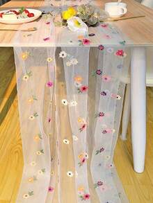 1Pc Floral Embroidered Table Runner, Featuring Colorful Mini Flowers And A Semi-Transparent Mesh Fabric, In A Rustic And Refreshing Style, Suitable For Bedroom, Living Room, Party, And Wedding Table Decoration. - 11.81*70.87英寸 - 查看 2