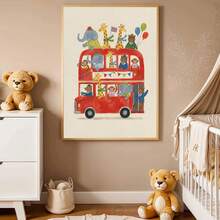 1幅帆布墙画，儿童房装饰，伦敦巴士主题，动物乘坐红色巴士，中性儿童房装饰，卡通动物墙画，艺术印刷品，温馨婴儿房礼物，男孩房装饰，女孩房装饰，现代波西米亚风海报，现代婴儿房海报，房间装饰，卧室装饰，浴室装饰，游戏室装饰，幼儿园海报，婴儿礼物，新生儿礼物 - 彩色 - 查看 7