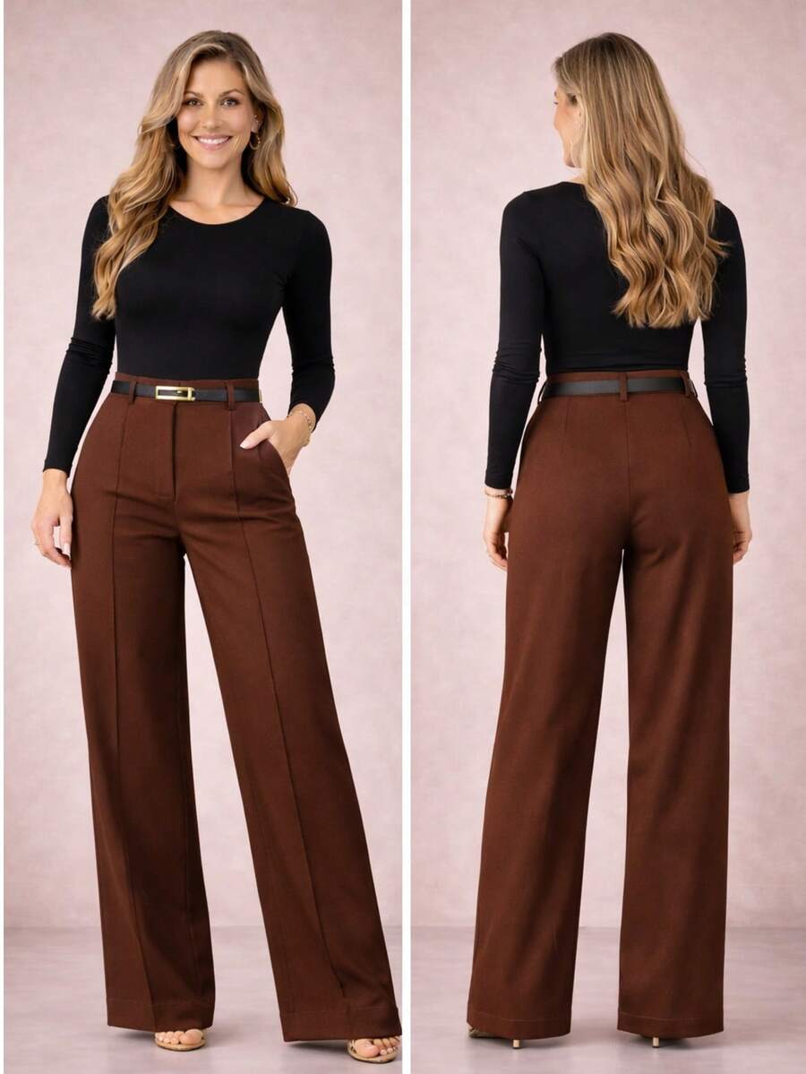 Women's Tailored Pants With Belt Pockets Formal Pantaloons Simple Elegant Composite Fabric Zipper Pocket With Belt Women's Winter - 鏽棕色 - 查看 1