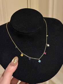 1pc Copper & Glass Delicate Lucky Four-Leaf Clover Flower Necklace, Sweet & Elegant Style For Women - Color - View 3
