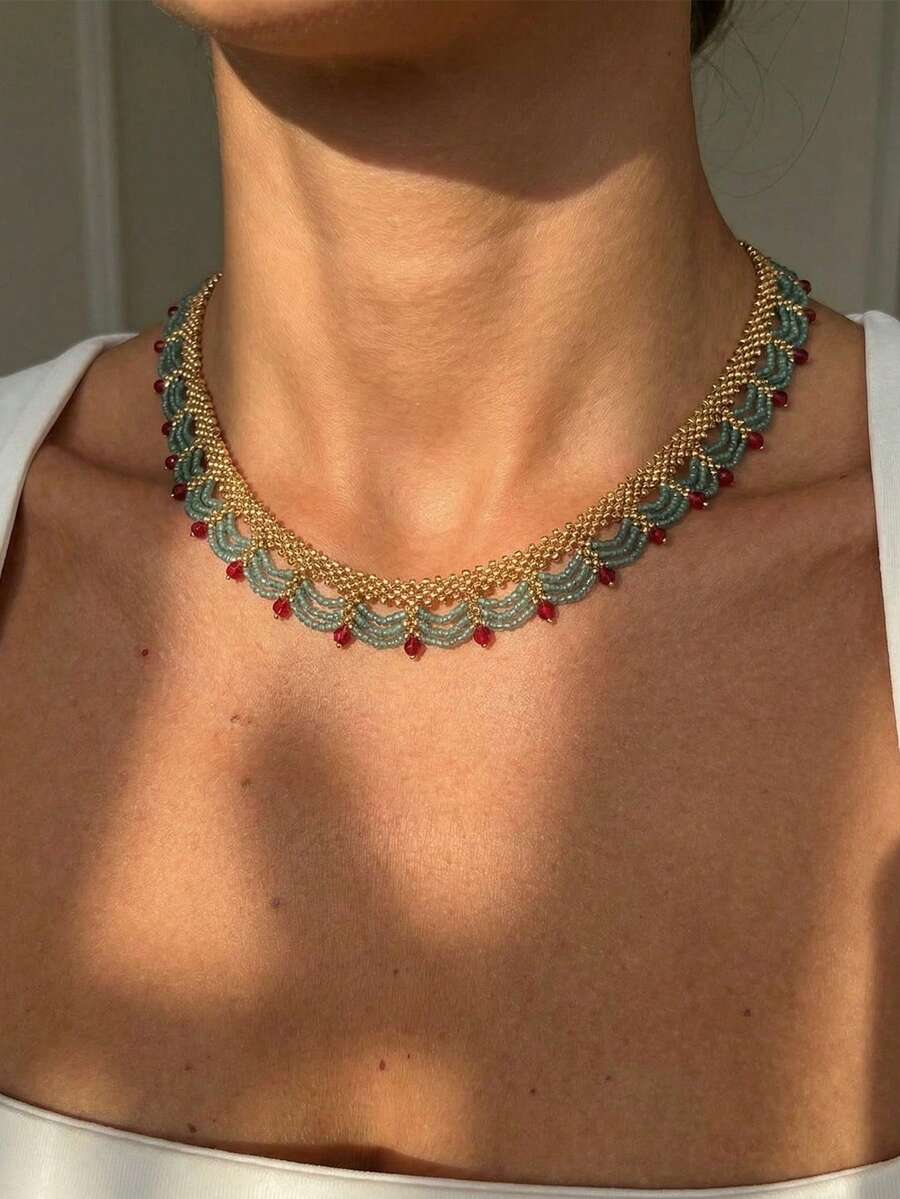 1pc Fashionable Retro Modern Street Style Multi-Layer Lace Red & Blue Contrast Beaded Necklace, Suitable For Parties, Vacations, Gifts, And Daily Wear - Multicolor - View 1