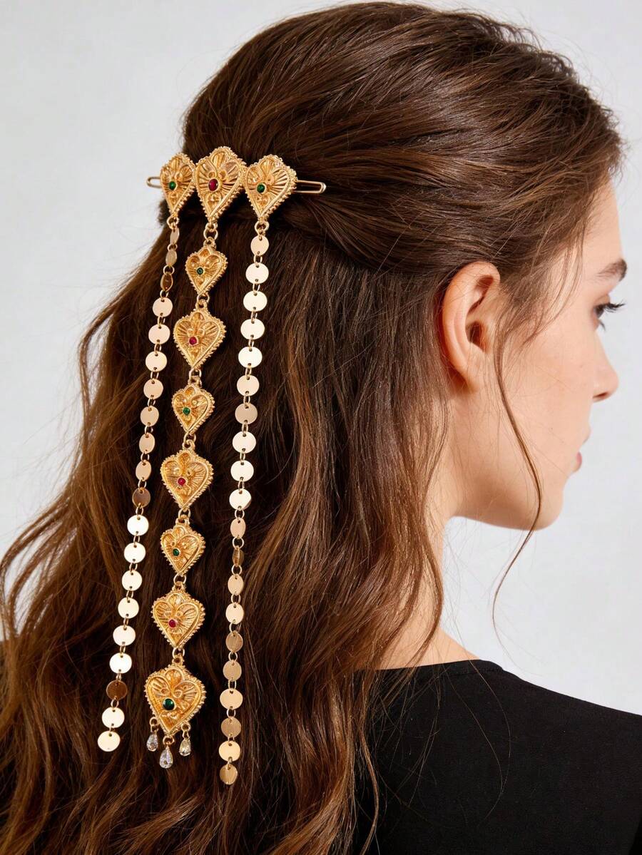 1 chiếc dây chuyền cài tóc hình trái tim đính đá zirconia tổng hợp, bằng đồng, thích hợp cho phụ nữ dự tiệc, dạ hội, lễ hội. - Vàng - Xem 1