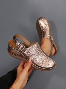 European And American Style Wedge Slide Sandals For Women, Backstrap Buckle Slip-On Casual Shoes, Versatile Matte Leather Commuter Shoes - Champagne - View 4