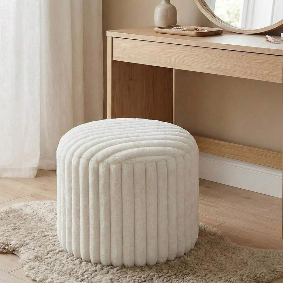 White Striped Backless Cushion Pad, Solid Color Seat Cushion Cover, Artificial Rabbit Fur Footrest Stool Floor Bean Bag, Suitable For Storage And Home Living - 1PC - View 1
