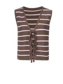 Joy Knit 女士春夏新款针织上衣 - 休闲简约 V 领条纹系带蝴蝶结背心罩衫度假沙滩装 - 棕色 - 查看 5