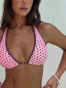 女款優雅波點運動休閒比基尼套裝，復古風兩件式泳衣，度假海灘夏季款 - 西瓜粉 - 查看 7