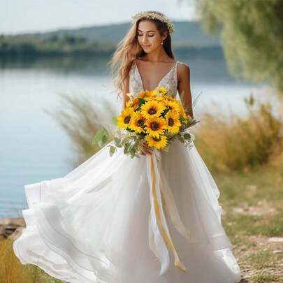 6支仿真向日葵花束 - 拥有逼真的长茎和绿叶，无需维护，适用于室内/室外装饰，适合婚礼、母亲节、婚礼季、毕业典礼等场合 - 耐用塑料材质，可用于家居、花园、工作室装饰、户外仿真花、门廊布置，色彩鲜艳