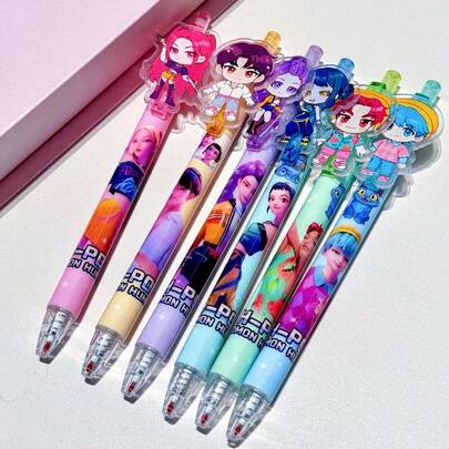 Hasbro KPOP HUNTR/X Retractable Ballpoint Pen Set - 6pcs Cartoon Character Pens With Smooth Black Ink - Suitable For School, Office Or Daily Use - High-Quality KPOP-Themed Stationery, Ideal For Students, Collectors And KPOP Fans - Great Back-To-School Gift And Small HUNTR Fan Birthday Party Favor