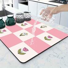 1pc Kitchen Counter Crimson Sakura Bloom Pattern Absorbent Non-Slip Coaster, Heat Resistant Tabletop Decoration For Coffee Bar, Home - Pink and White Checkered Pattern - View 6