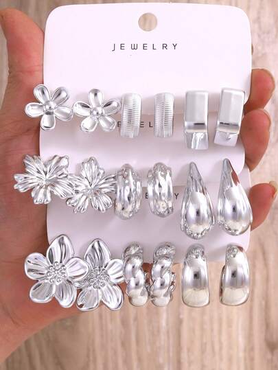 Set de 6/18 piezas de aretes con flores plateadas, formas C suaves y formas retorcidas, mejor regalo para amigos y familiares